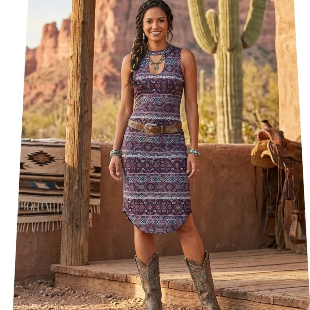 Deadstock RUE 21 Southwestern Blue Ikat Print Keyhole Tank Dress Tunic Top M